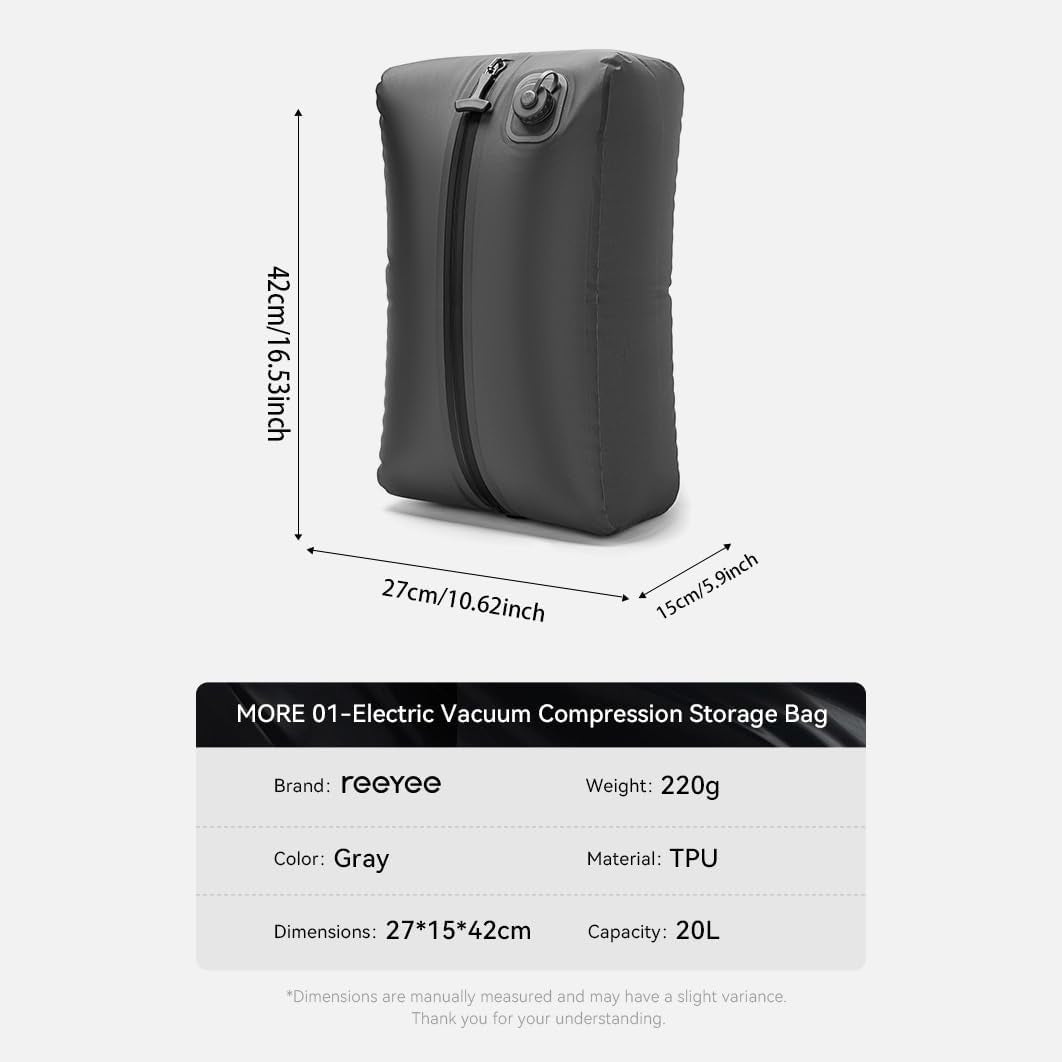 Electric Vacuum Compression Bag Kit, 20L Portable Travel Packing Cube with Built-In Pump, Type-C Rechargeable, Odor & Waterproof Anti-Rip TPU, Saves 60% Space Storage Bags (1, Black)