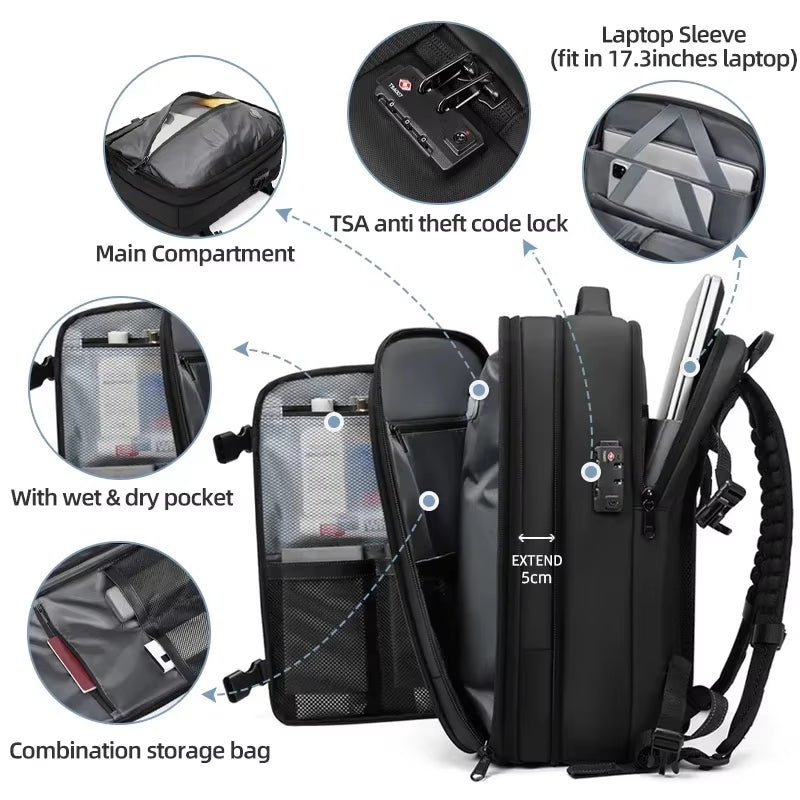 Men Travel Backpack Vacuum Compression Laptop Backpack 17 Inch Extended Large Capacity School Backpack Hiking Business Backpack