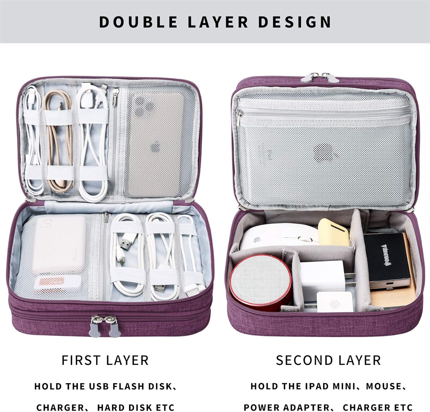 Travel Cable Organizer Bag, Electronic Accessories Case Portable Double Layer Cable Storage Bag for Cord, Charger, Flash Drive, Phone, SD Card,Personal Items - (Purple)