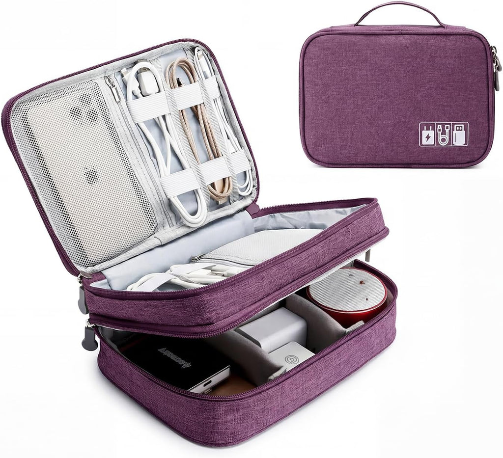 Travel Cable Organizer Bag, Electronic Accessories Case Portable Double Layer Cable Storage Bag for Cord, Charger, Flash Drive, Phone, SD Card,Personal Items - (Purple)