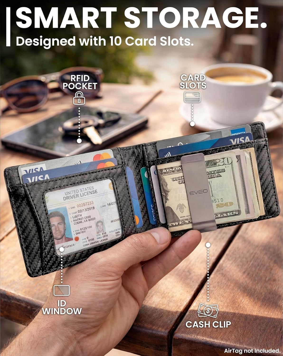 Airtag Wallet Men - Bifold Wallets for Men, Air Tag Wallet with Airtag Holder, Smart Wallet for Mens Minimalist Wallet Money Clip,10 Cards, RFID Blocking Airtag Not Included* - Carbon Fiber Black