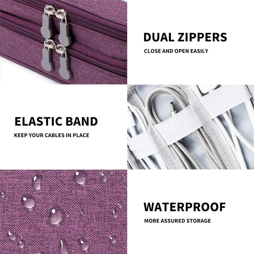 Travel Cable Organizer Bag, Electronic Accessories Case Portable Double Layer Cable Storage Bag for Cord, Charger, Flash Drive, Phone, SD Card,Personal Items - (Purple)